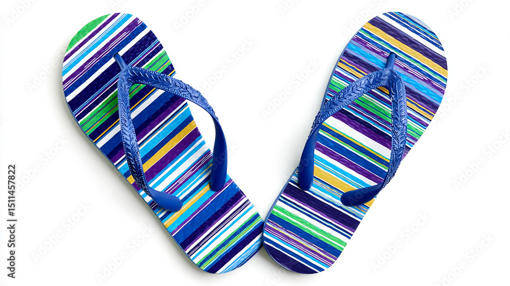 Pair of Colorful Striped Flip Flops on White Background Summer Footwear for Beach or Pool Vacation and Travel Essentials Casual and Comfortable Shoes Top View Pair of Colorful Striped Flip Flops on White Background Summer Footwear for Beach or Pool Vacation and Travel Essentials Casual and Comfortable Shoes Top View