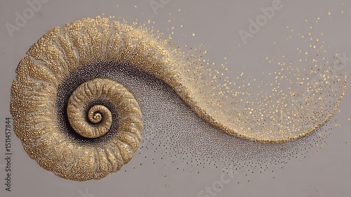 Elegant pointillism artwork featuring a spiraling seashell with golden accents and fine details on a neutral background