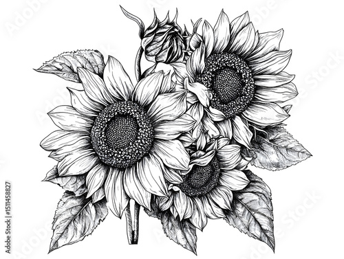 Detailed black and white illustration of three sunflowers with large petals and detailed centers, accompanied by lush leaves and intricate shading, perfect for art and botanical themes