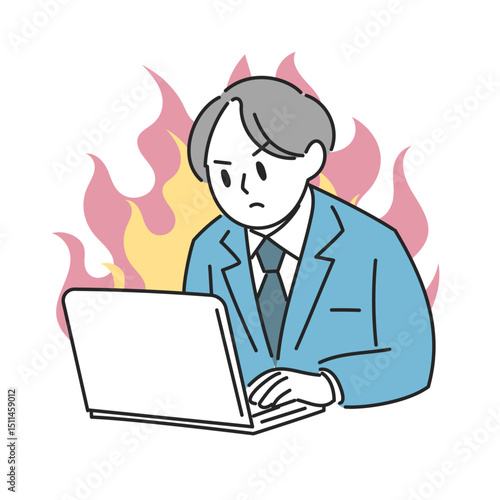 やる気に燃える男性のパソコン作業イラスト