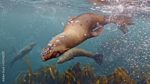 Photography Amazing underwater shot Seals playing diving in South Africa Kelp forest sea