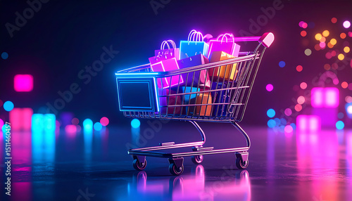 A glowing shopping cart filled with colorful gift bags, set against a vibrant, illuminated background, evoking a sense of excitement and modern retail