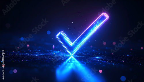 A glowing blue checkmark against a dark background, surrounded by shimmering particles, symbolizes approval and success in a digital context