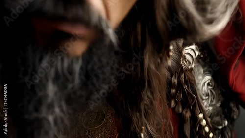 Dramatic close-up portrait of a stern Asian warrior adorned in ornate armor and a jeweled headdress with braided hair and an intense gaze