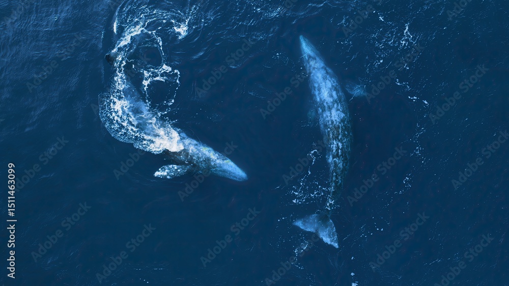 Fototapeta premium Endangered wildlife areal drone footage. Gray whales migration along California coastline from Mexico to Alaska, Pacific ocean waters. Whale watching background. Wild Nature protection conservation