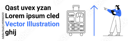 Woman pointing while holding a tablet, a suitcase with neatly arranged clothes, and an upward arrow. Ideal for travel planning, organization, navigation, guidance, packing tips, tourism simple