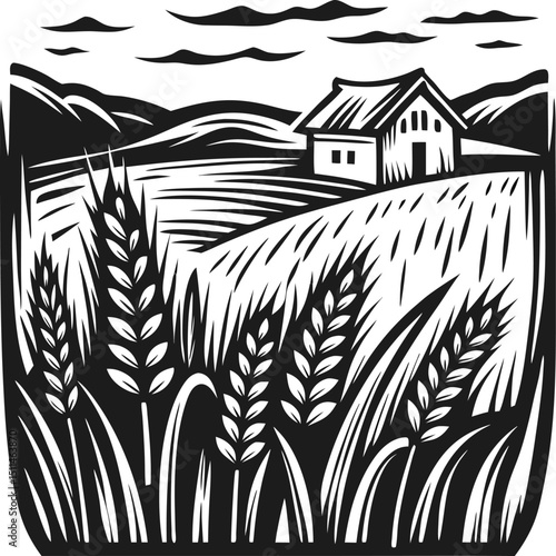 rustic farmhouse in countryside wheat field, hills in black and white landscape agriculture, rural scene, woodcut