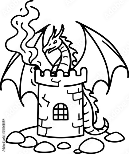 Dragon illustration guarding medieval tower with wings and smoke, fantasy line art drawing
