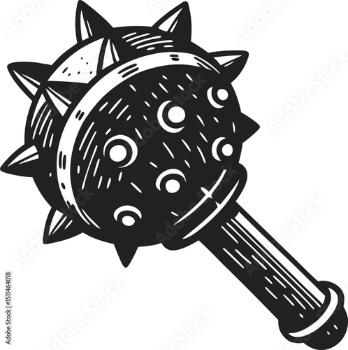 medieval mace weapon illustration spiked club, ancient warfare tool, monochrome woodcut art