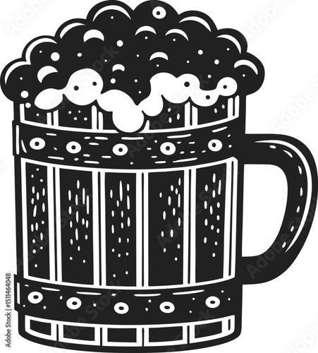 foamy beer mug illustration vintage wooden stein with overflowing frothy beverage rustic pub