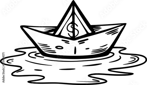 paper boat on water with dollar sign financial journey, economic risk, investment concepts
