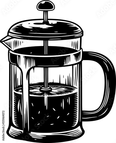Classic french press, retro illustration of coffee brewing device, black and white design