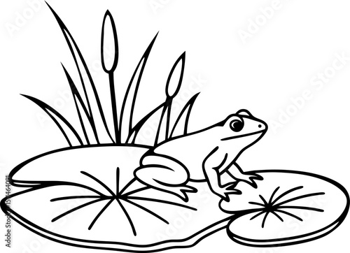 frog on lily pad in pond simple black and white line drawing of amphibian and aquatic plants
