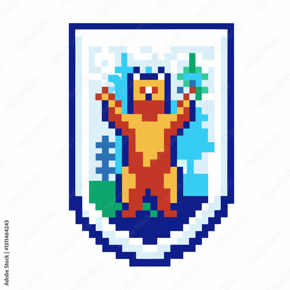 Pixel bear emblem retro digital art with blue tree background, wilderness, nature Pixel bear emblem retro digital art with blue tree background, wilderness, nature