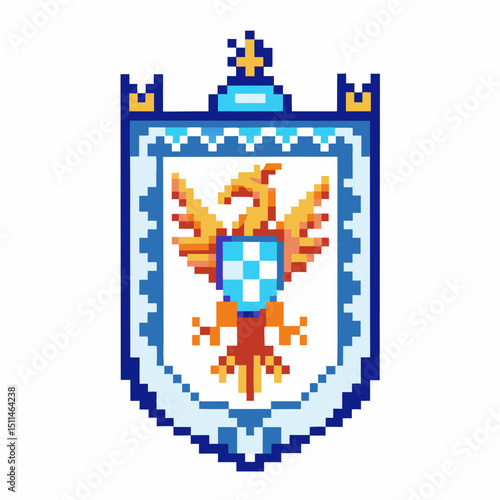 Pixelated heraldic shield with eagle emblem blue and orange digital art, medieval crest design