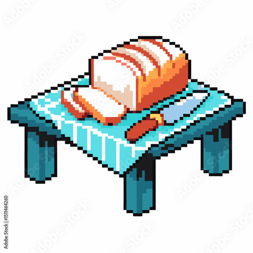 pixel art bread on cutting board with knife retro gaming kitchen illustration, sliced loaf