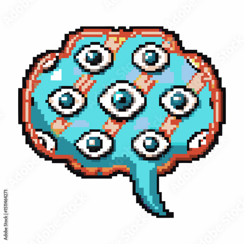 Pixel art brain with multiple eyes concept of surveillance or intelligence in technology, blue pattern