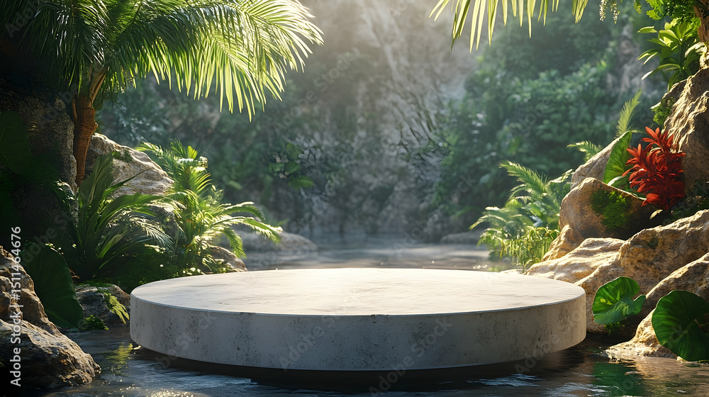 Round, light gray concrete pedestal in a tropical, lush setting. Round, light gray concrete pedestal in a tropical, lush setting.