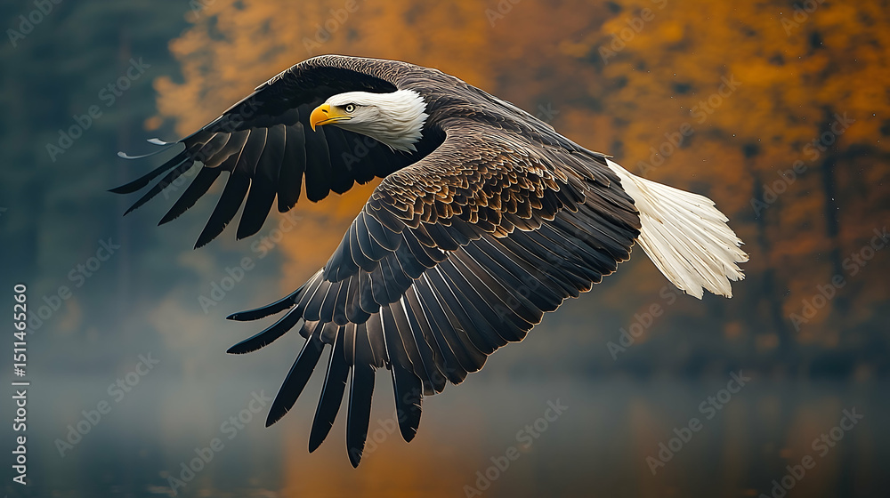 Obraz premium Majestic bald eagle in flight against a backdrop of autumn foliage.