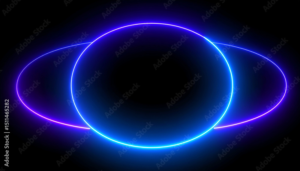 Fototapeta premium A glowing circular design with vibrant blue and purple neon lines against a black background, creating a futuristic and abstract visual effect