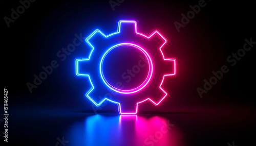 A glowing neon gear symbol on a dark background, representing technology, mechanics, and innovation