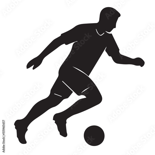 The silhouette vector illustrates a male soccer player mid-dribble, emphasizing speed, control, and passion through strong lines and striking contrast.