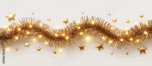 Golden Christmas Tinsel Garland with Lights and Stars