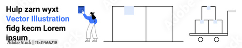 Worker placing box on a shelf, stack of boxes on trolley. Ideal for storage, logistics, inventory, warehouse management, e-commerce, supply chain, simple landing page