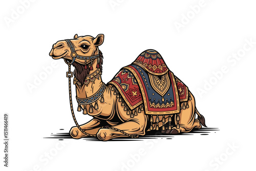 Vector illustration of a Decorated Camel sitting calmly adorned with richly patterned Arabian-style blanket - Middle Eastern themes, travel, culture, wildlife, and exotic dec - Camel isolated on white