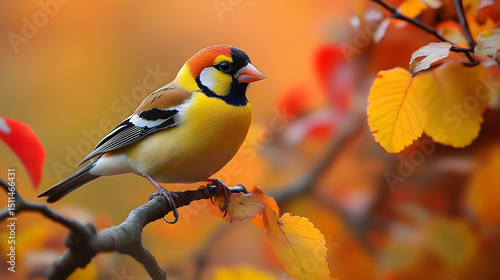 Vibrant bird perched on a branch amidst autumn foliage.