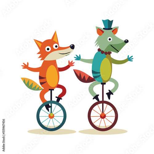 Funny wild animals on unicycles icon vector illustration