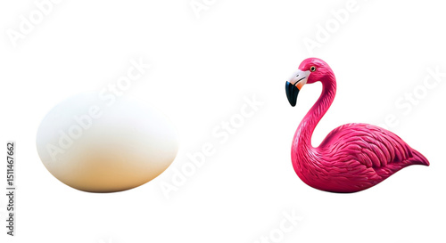 A white egg and a pink flamingo figurine are isolated against a black background in a studio shot