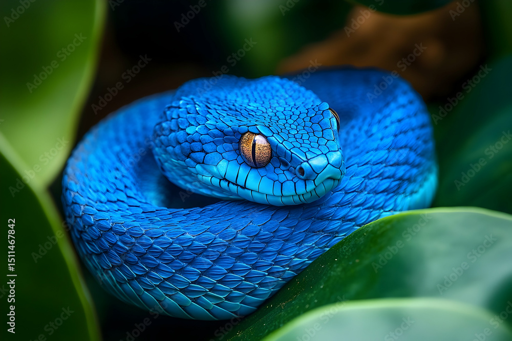 Fototapeta premium Close-up of a vibrant blue snake coiled on green leaves.
