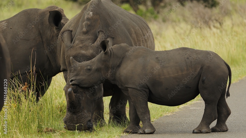 Obraz premium Rare Footage closeup portrait of White horn Rhino walking breeding, Mother and baby in South Africa savannah. Safari national park. Wild animals exotic nature mammal animals in natural habitat.