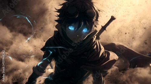 Dark-toned character with glowing blue eyes.