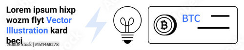 Light bulb, lightning bolt, and Bitcoin card highlight energy and innovation in cryptocurrency. Ideal for fintech, blockchain, cryptocurrency, energy solutions, digital wallets, tech startups simple