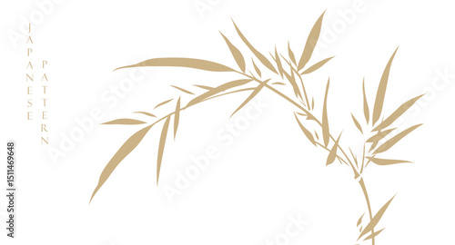 Japanese template with bamboo leaves with cloud and wave vector. Abstract background illustration. Watercolor texture banner in vintage style.