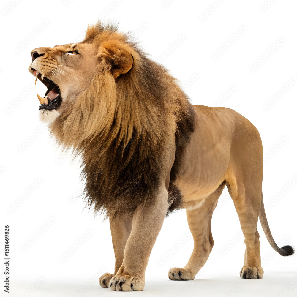 Obraz premium A roaring male lion captured in profile, standing proudly with a powerful and fierce expression.
