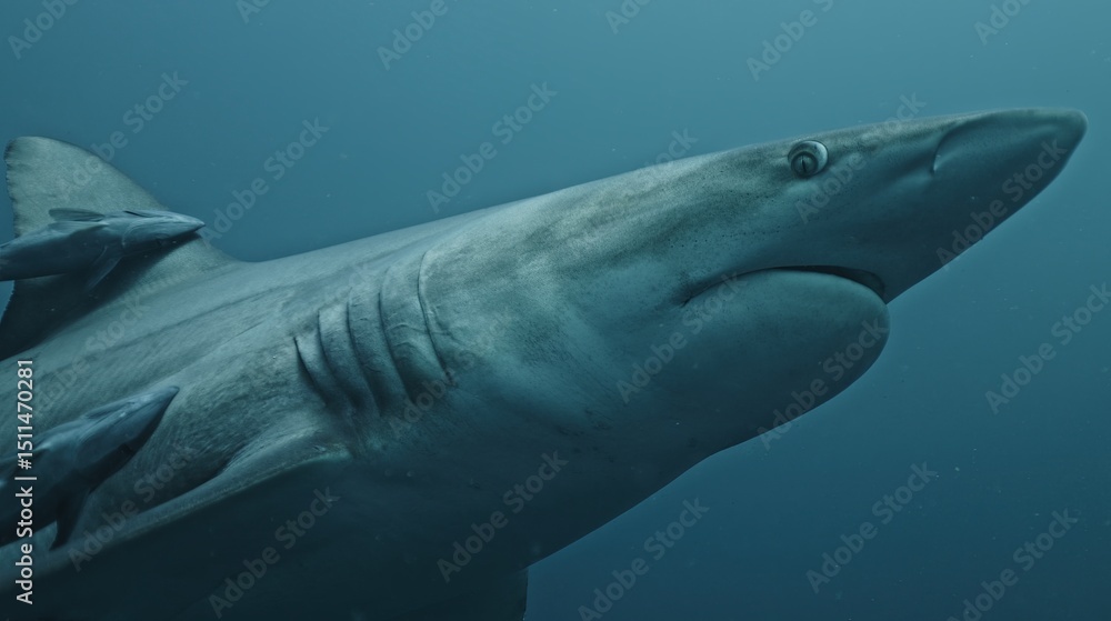 Fototapeta premium Amazing closeup black tip reef sharks with sharp teeth swimming underwater on coral reef ocean of Tonga. Shark diving tourism. Divers feed school of sharks Carcharhinus leucas marine of Pacific Ocean.