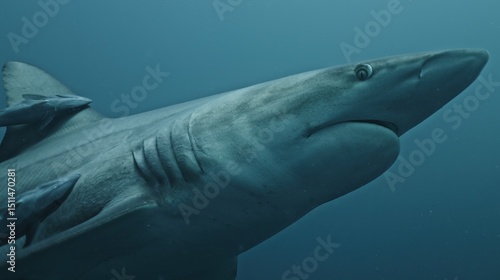 Amazing closeup black tip reef sharks with sharp teeth swimming underwater on coral reef ocean of Tonga. Shark diving tourism. Divers feed school of sharks Carcharhinus leucas marine of Pacific Ocean.