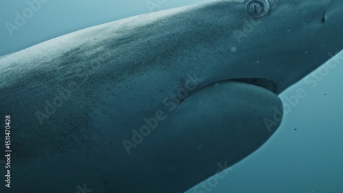 Amazing closeup black tip reef sharks with sharp teeth swimming underwater on coral reef ocean of Tonga. Shark diving tourism. Divers feed school of sharks Carcharhinus leucas marine of Pacific Ocean.