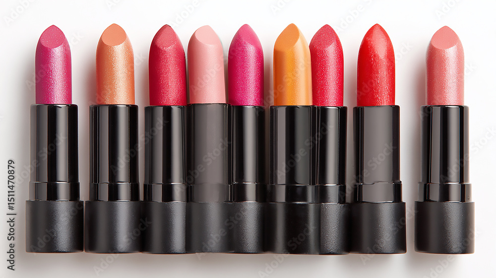 A row of colorful lipsticks in varying shades of pink red and orange standing upright against a white background perfect for beauty and cosmetic product promotion and advertising A row of colorful lipsticks in varying shades of pink red and orange standing upright against a white background perfect for beauty and cosmetic product promotion and advertising
