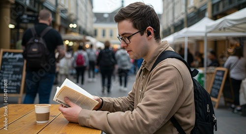 Wallpaper Mural Young Man Reading Book Outdoors in City Street, Enjoying Coffee and Moment of Peace Torontodigital.ca