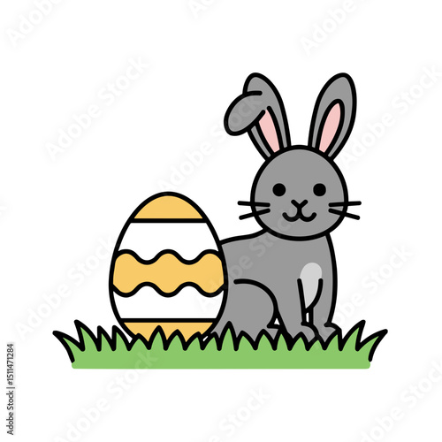Cute gray bunny sitting next to decorated Easter egg on grass  
