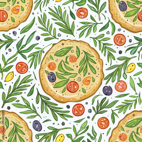 Focaccia Vector Illustration with Seamless Pattern Design