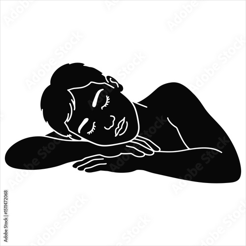 Black silhouette vector of a person lying down with head resting on a pillow, eyes closed 