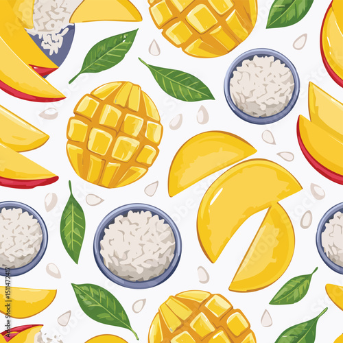 Mango Sticky Rice Vector Illustration with Seamless Pattern Design