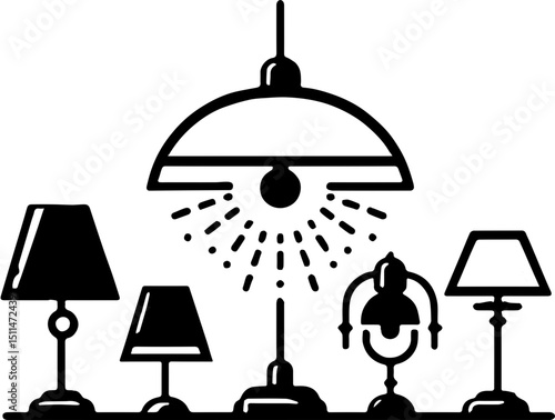 lamp and lighting fixture icon set in black and white
