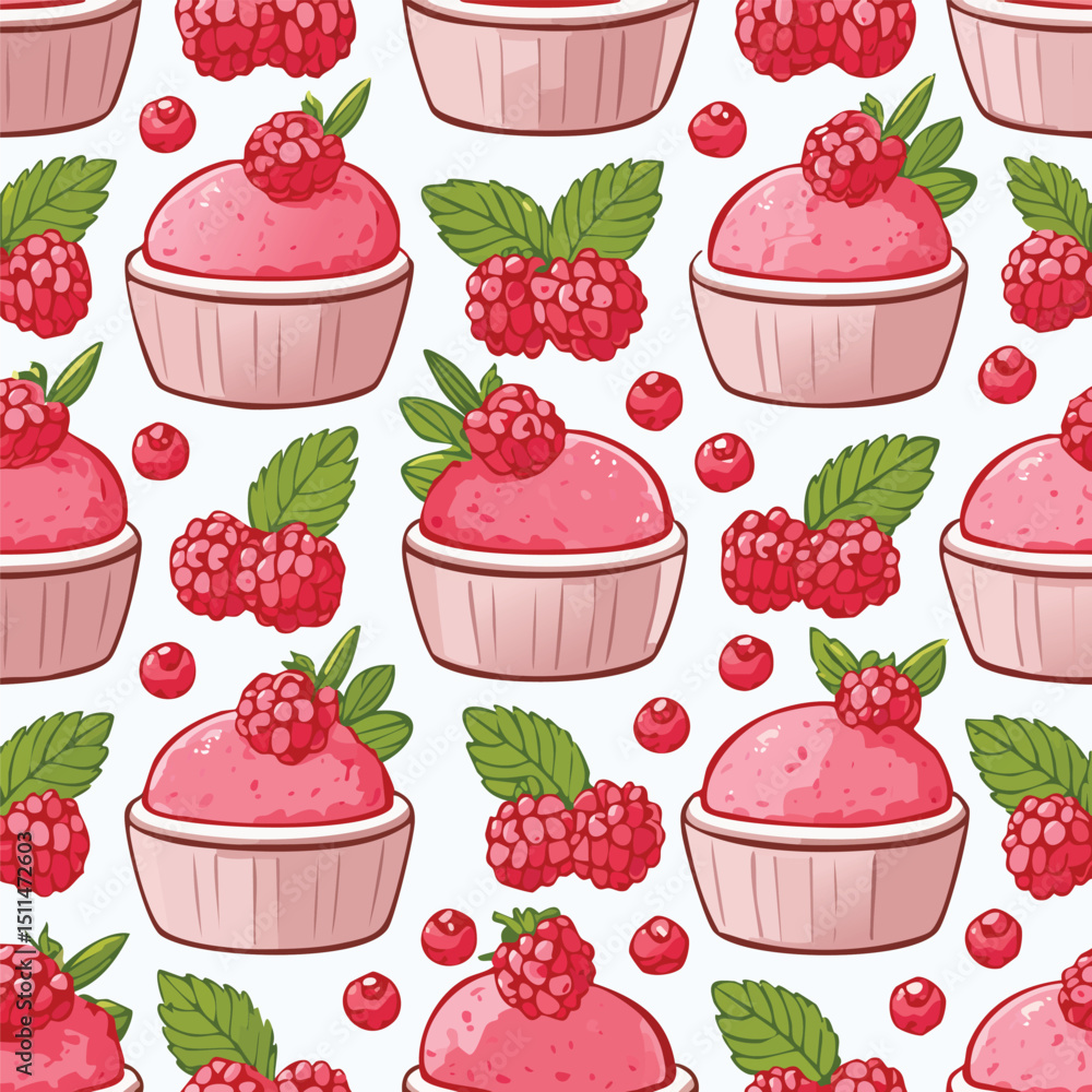Naklejka premium Raspberry Sorbet Vector Illustration with Seamless Pattern Design