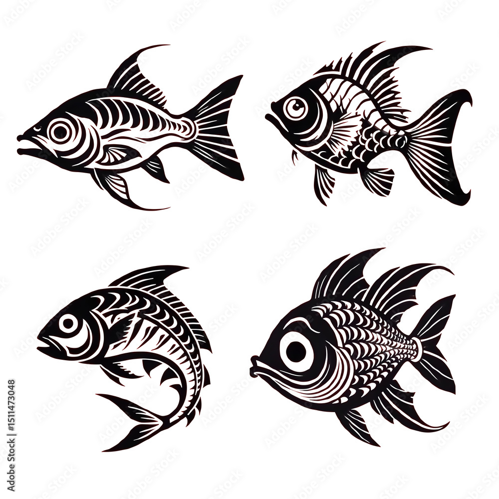 Fototapeta premium Artistic black and white illustrations of various fish bundle showcasing unique designs and patterns